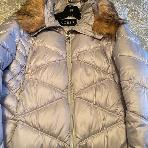 GUESS Women's Silver Puffer Jacket with Brown Faux Fur - Picture 6 of 6